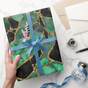 Papel De Presente Padrão Abstrato de Mármore Esmeralda de Luxo Brilh
