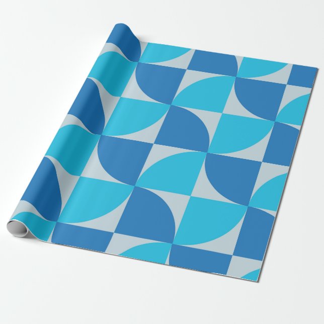 Papel De Presente Padrão Abstrato de Meados do Século em Azul e Turq (Desenrolado)