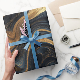 Papel De Presente Padrão Abstrato de Movimento Fluido Dourado Marinh