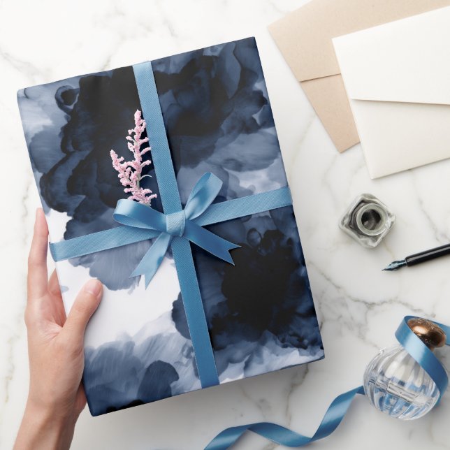 Papel De Presente Padrão Abstrato de Tinta Fluida Preta Índigo (Presentear)