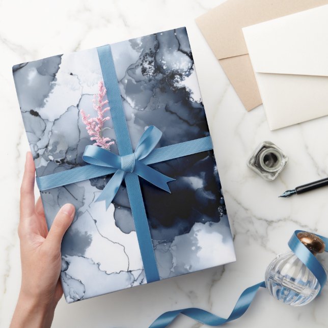 Papel De Presente Padrão Abstrato de Tinta Fluida Preta Índigo Splas (Presentear)