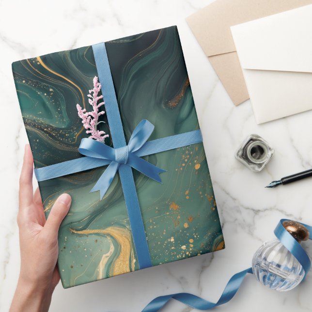 Papel De Presente Padrão Abstrato Escuro Fluido Esmeralda de Luxo Do (Presentear)