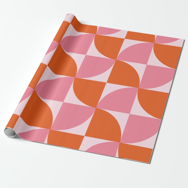 Papel De Presente Padrão Abstrato Laranja e Rosa de Meados do Século (Desenrolado)