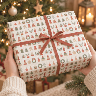 Papel De Presente Padrão Aconchegante de Férias de Natal em Verde Sa