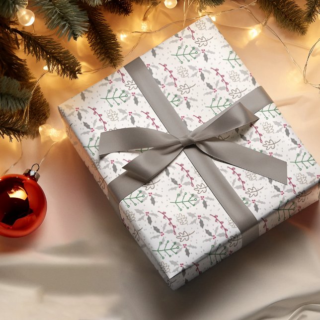 Papel De Presente Padrão Agulha Verde-Escuro de Berries Vermelhos Ho (Criador carregado)