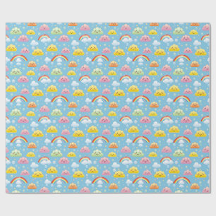 Papel De Presente Padrão alegre com nuvens sorridentes e arco-íris