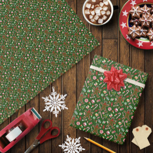 Papel De Presente Padrão Alegre de Gengibre Festivo e Doce Verde