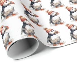 Papel De Presente Padrão Alegre de Papai Noel Puffin