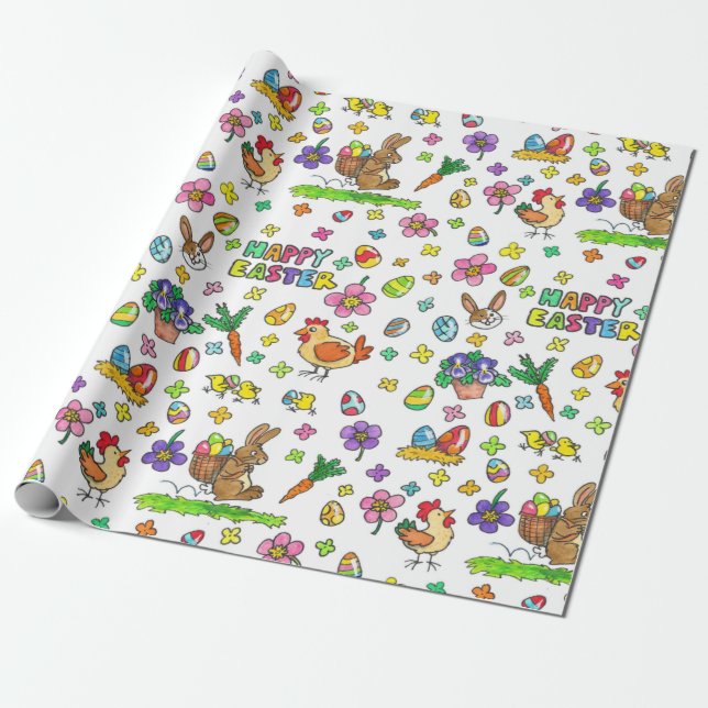 Papel De Presente Padrão Alegre de Páscoa de Desenho Animado (Desenrolado)