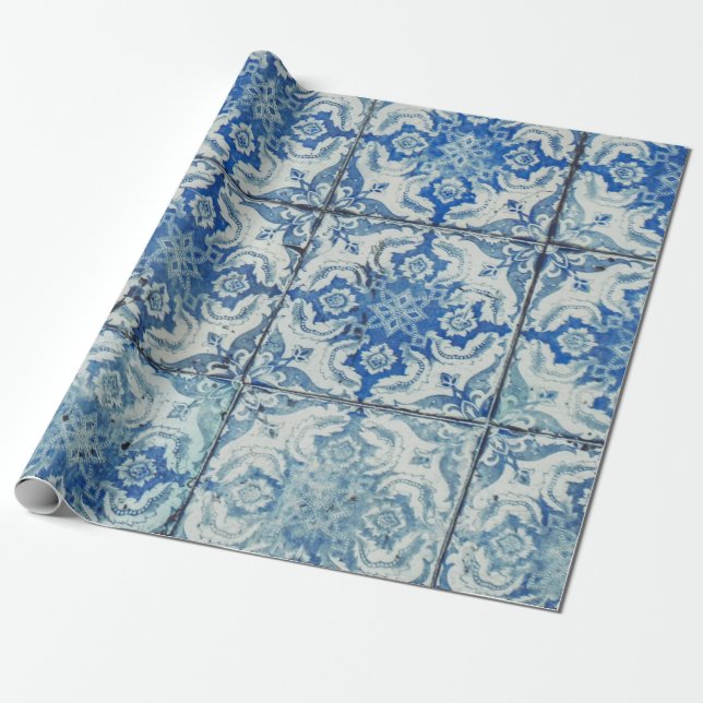 Papel De Presente Padrão Antiquado de Azulejos Portugueses - Azulejo (Desenrolado)