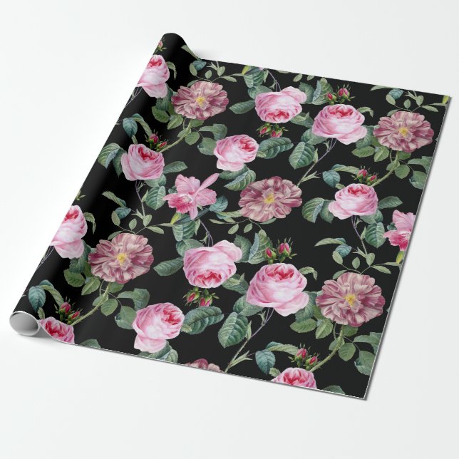 Papel De Presente Padrão Antiquado de Rosas e Orquídeas Rosa-Rosa-Vi (Desenrolado)