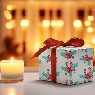 Papel De Presente Padrão Aqua e Red Holiday Berries
