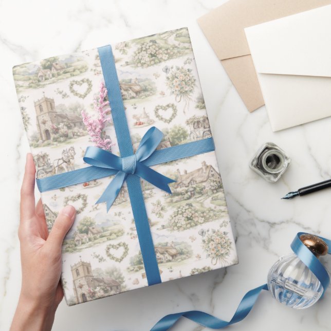 Papel De Presente Padrão Aquarela de Casamento de Aldeia Inglesa (Presentear)