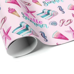 Papel De Presente Padrão Aquarela de Praia de Verão Rosa Feminino