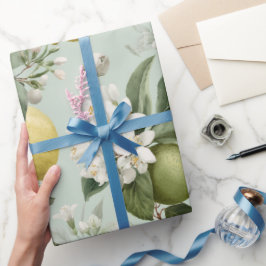 Papel De Presente Padrão Aquarela Flor de Limão Verde Menta Fresca