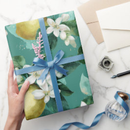 Papel De Presente Padrão Aquarela Flor de Limão Verde Menta Fresca