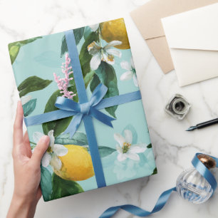 Papel De Presente Padrão Aquarela Flor de Limão Verde Menta Fresca