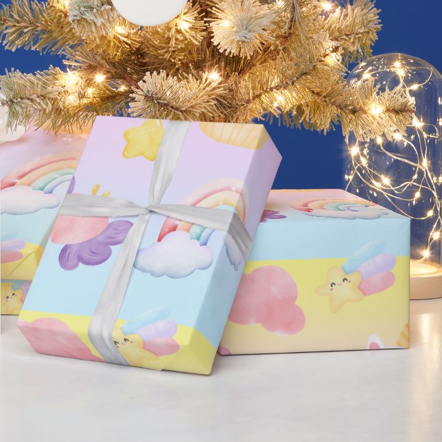 Papel De Presente Padrão-arco-íris de unicórnio cupcake rosa-claro (Feriados)