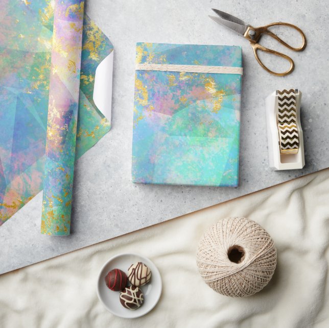 Papel De Presente Padrão Arco-íris Ombre e Ouro Opala de Fogo (Artesanato)