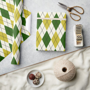 Papel De Presente Padrão Argyle Verde e Amarelo
