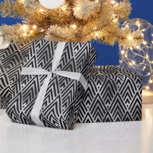 Papel De Presente Padrão Art Déco de Diamante com Chevron de Prata E