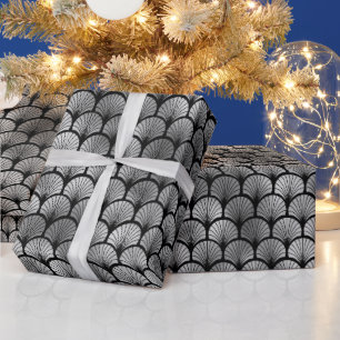 Papel De Presente Padrão Art Déco de Grade de Leque de Prata Elegant