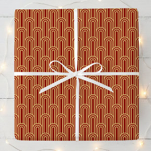 Papel De Presente Padrão Art Déco Elegante Arcos Vermelho Dourado Ch