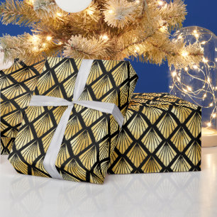 Papel De Presente Padrão Art Déco em Ouro e Diamante Preto