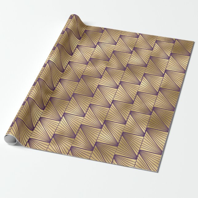 Papel De Presente Padrão Art Déco em Roxo e Dourado (Desenrolado)