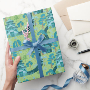 Papel De Presente Padrão Asiático Azul Verde