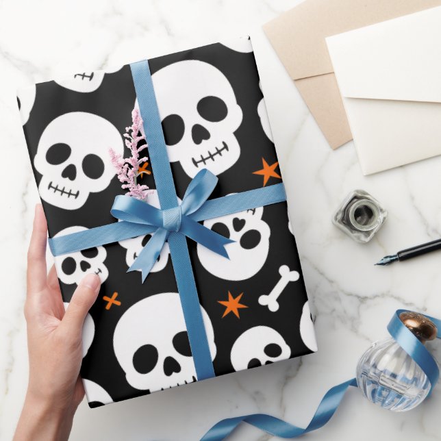 Papel De Presente Padrão Assustador de Caveira Fofa de Halloween (Presentear)