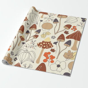 Papel De Presente Padrão autossolúvel com cogumelos, flores,