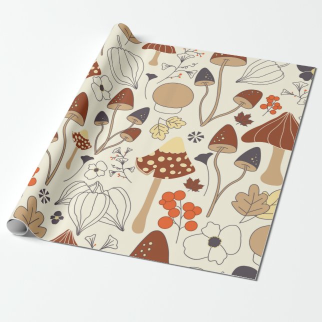 Papel De Presente Padrão autossolúvel com cogumelos, flores, (Desenrolado)
