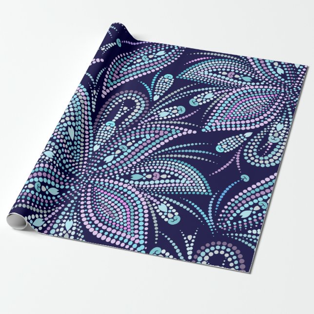 Papel De Presente Padrão azul cotado com paisley e miçangas. Orname (Desenrolado)
