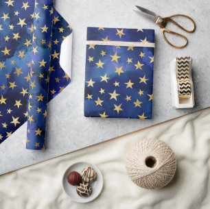 Papel De Presente Padrão Azul de Cor de Água com Estrelas Douradas