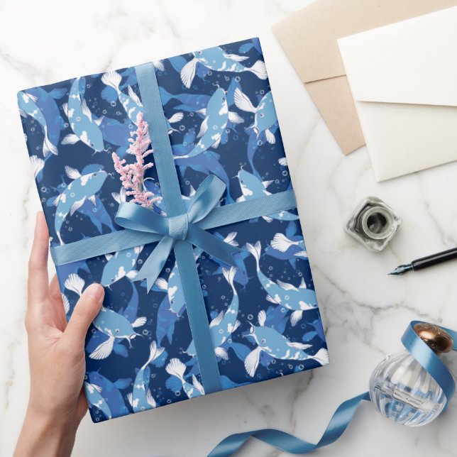 Papel De Presente Padrão Azul - Peixe Koi (Presentear)