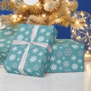 Papel De Presente Padrão Azul Turquesa de Flocos de Neve de Inverno