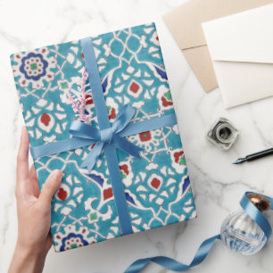Papel De Presente Padrão Azulejo Branco Azulejo Vermelho Azul