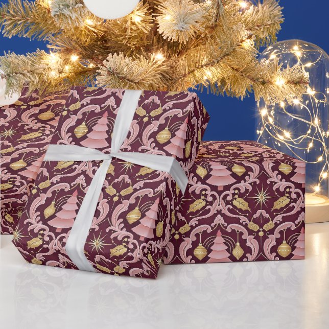 Papel De Presente Padrão Barroco de Natal Rosa e Borgonha (Feriados)
