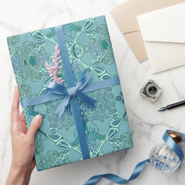 Papel De Presente Padrão Barroco Moderno Chic em Azul e Verde (Presentear)