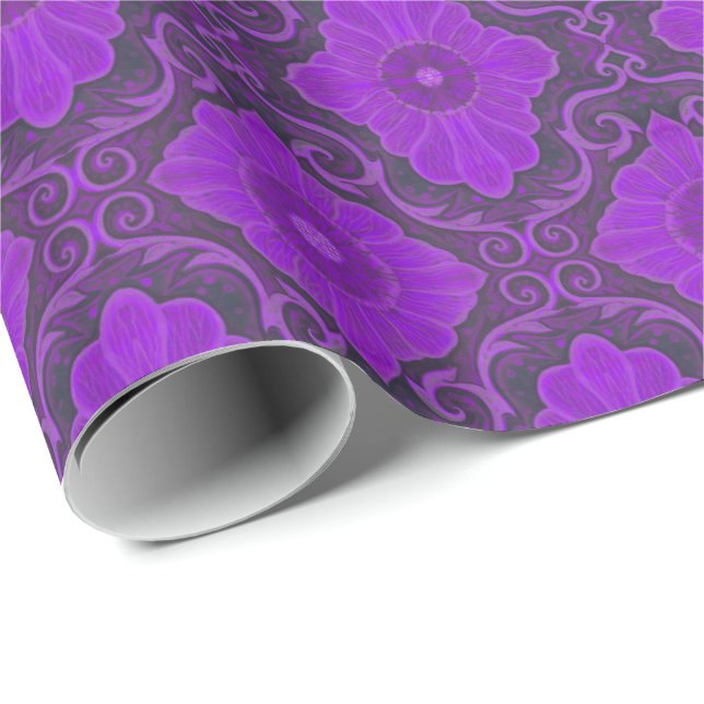 Papel De Presente Padrão boêmico "Palatial floral" roxo e violeta (Ponta do rolo)