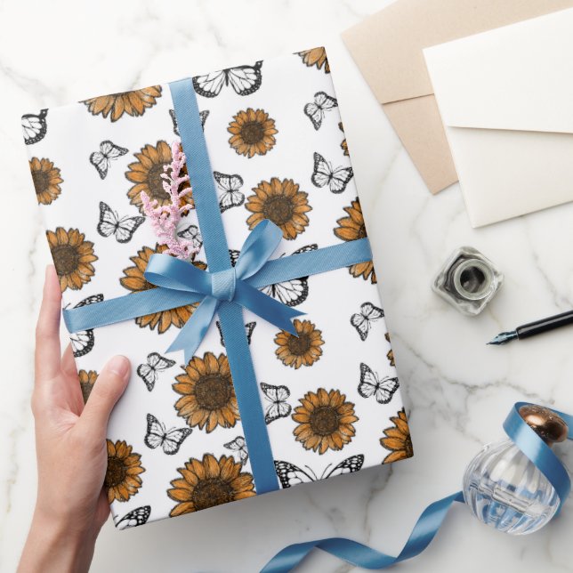 Papel De Presente Padrão Boho de Girassol e Borboletas  (Presentear)