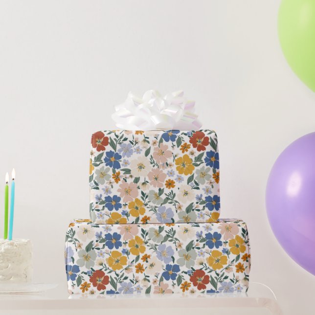 Papel De Presente Padrão Boho de Prado de Flores Silvestres (Presentes para festas)