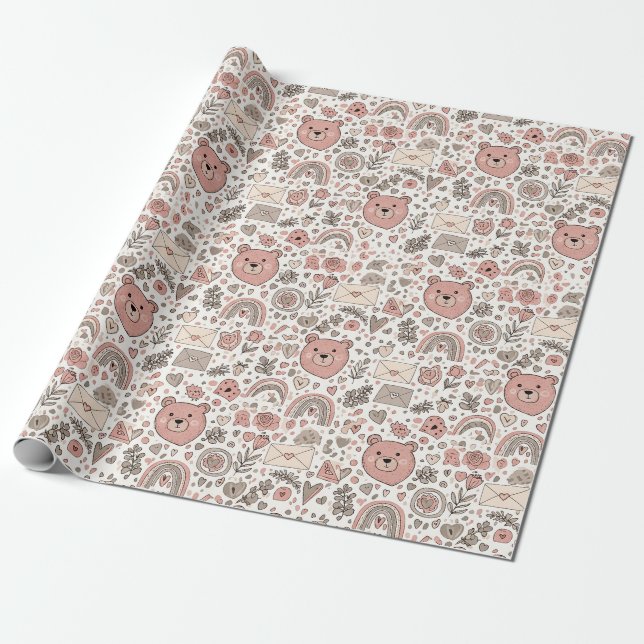 Papel De Presente Padrão Boho de Urso de Pelúcia Escandinavo (Desenrolado)