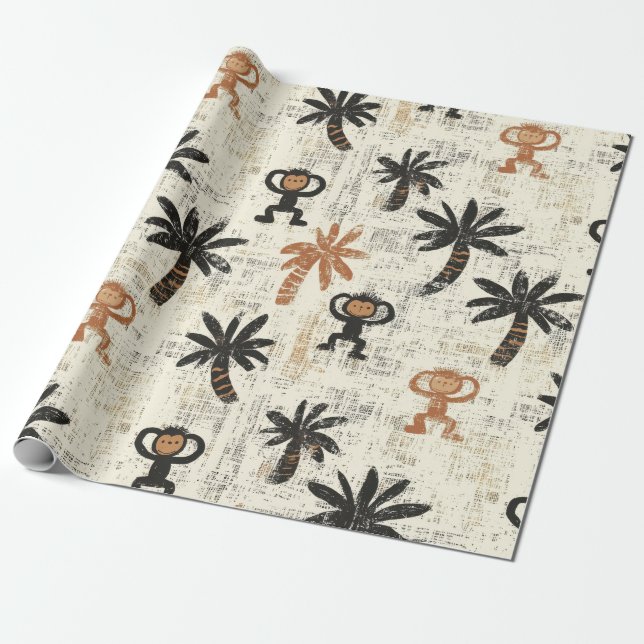 Papel De Presente Padrão Boho Monkey Jungle Safari (Desenrolado)