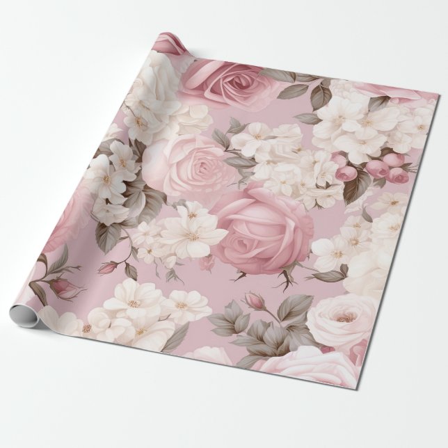 Papel De Presente Padrão bonito da flor rosa (Desenrolado)