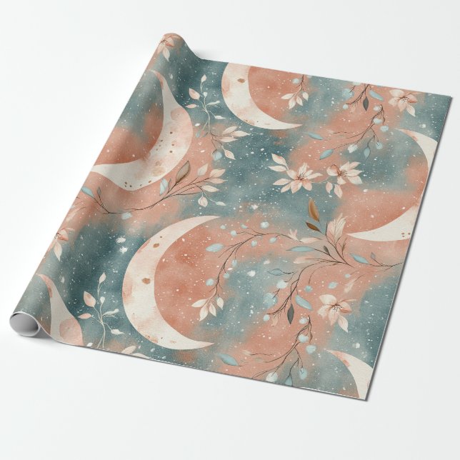 Papel De Presente Padrão Botânico Celestial Terracota Ardósia Azul  (Desenrolado)