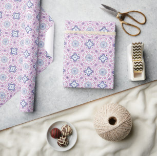 Papel De Presente Padrão Botânico com Azul, Lavanda e Rosa