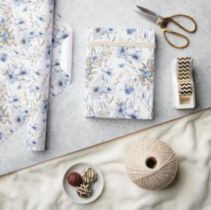 Papel De Presente Padrão Botânico de Aquarela Delicada - Azul Suave