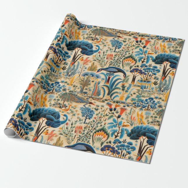 Papel De Presente Padrão Botânico de Aves Exóticas Chinesices (6) (Desenrolado)